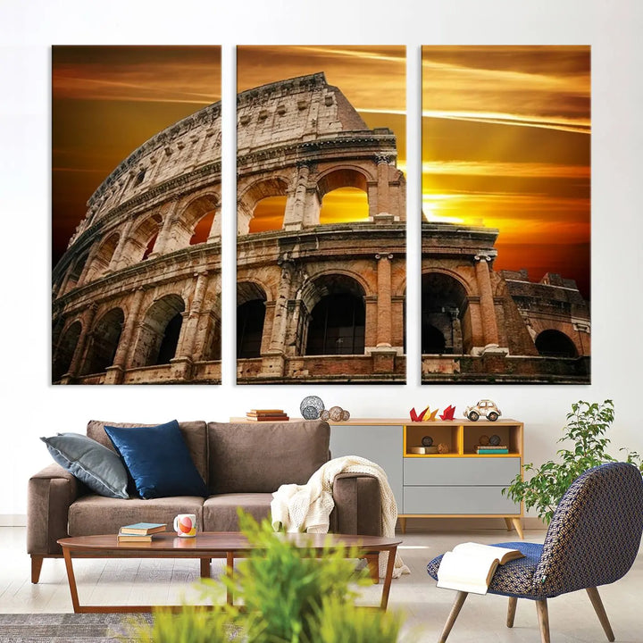 A three-panel canvas titled "Colosseum with Yellow Sunset Behind, Italy," protected with a UV-coating, is elegantly displayed.