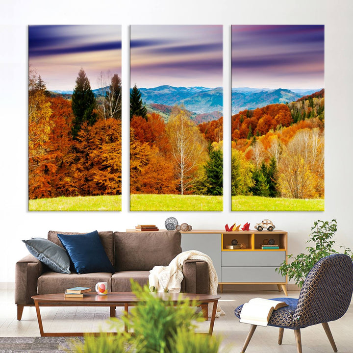 Autumn Colorful Forest Blue Mountains and Purple Sky at Sunset Wall Art Canvas Print