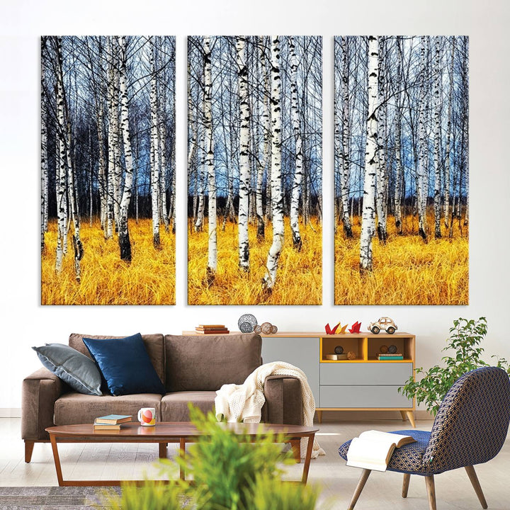 Impression d’art mural de bouleaux, art mural paysage, impression sur toile, arbres sans feuilles sur fond jaune