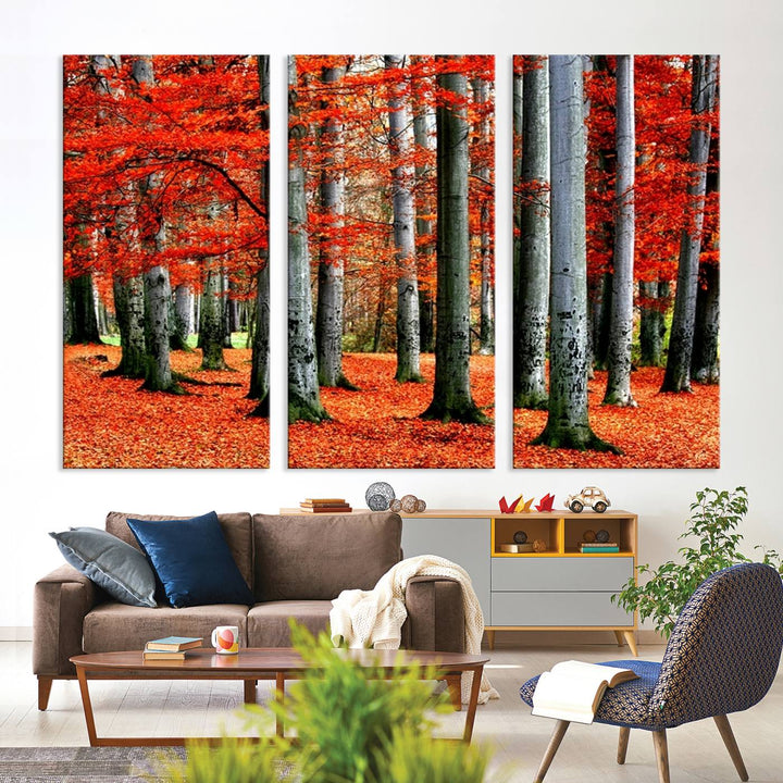 Impression sur toile de paysage d'art mural, feuilles rouges sur des arbres sur fond rouge