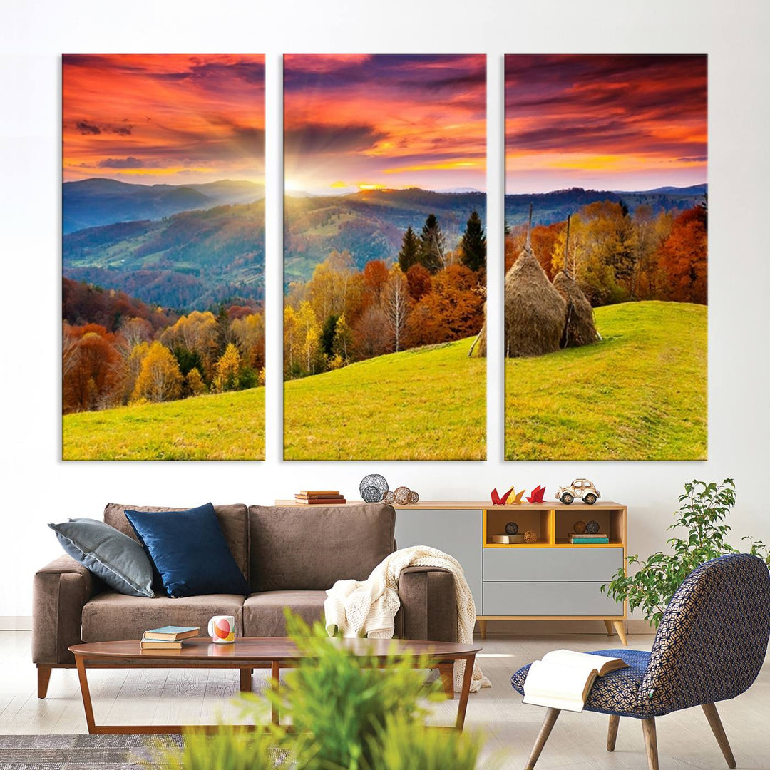 Impression sur toile de paysage d'art mural, tous les tons de vert au coucher du soleil