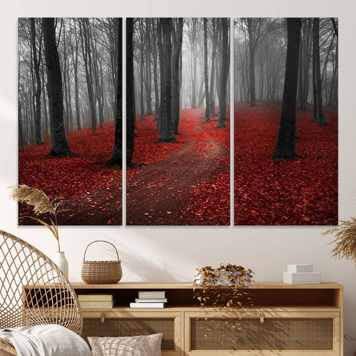 Wonderful Forest artwork: Triptych with red leaves, ideal for nature lovers.