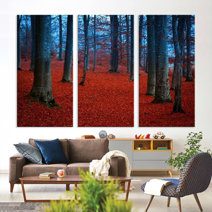 Impression sur toile de paysage d'art mural, feuilles rouges dans la forêt bleue