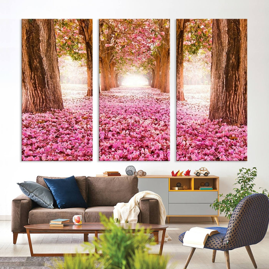 Blossom Cherry Canvas Print Walking on Pink Flowers Between Trees