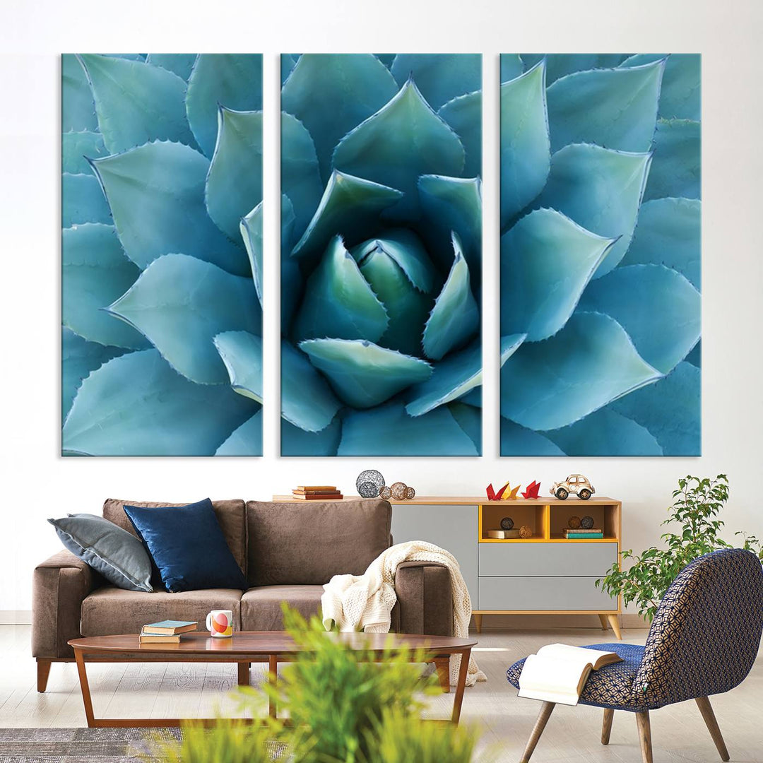 A stunning Large Agave Succulent Canvas Wall Art, a botanical close-up print perfect for modern living rooms, hangs prominently.