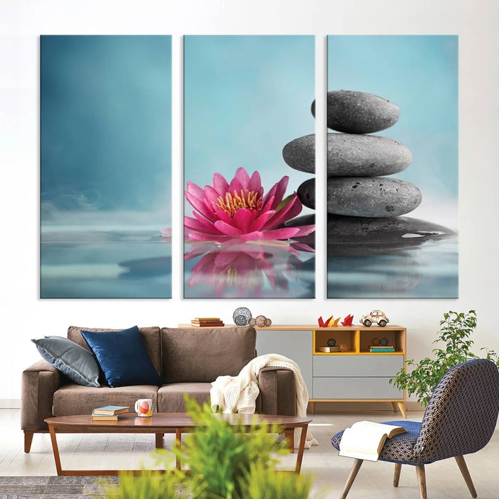 The Zen Serenity Triptych Canvas Art, featuring a lotus flower and balancing stones, perfectly captures tranquility with its serene water lily print.