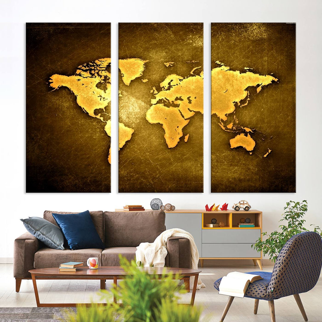 A Yellow World Map on a Metallic Yellow Background adorns the wall, arriving ready to hang and effortlessly infusing an elegant touch into your living space.