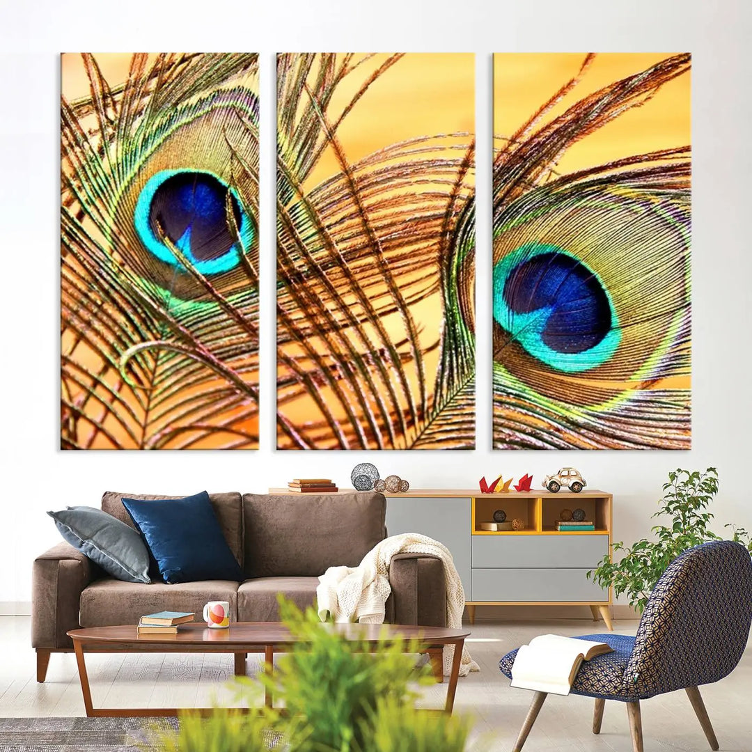 The Peacock Feather Wall Art Print, showcasing a vibrant green, blue, and orange feather design and ready to hang, adorns the space.