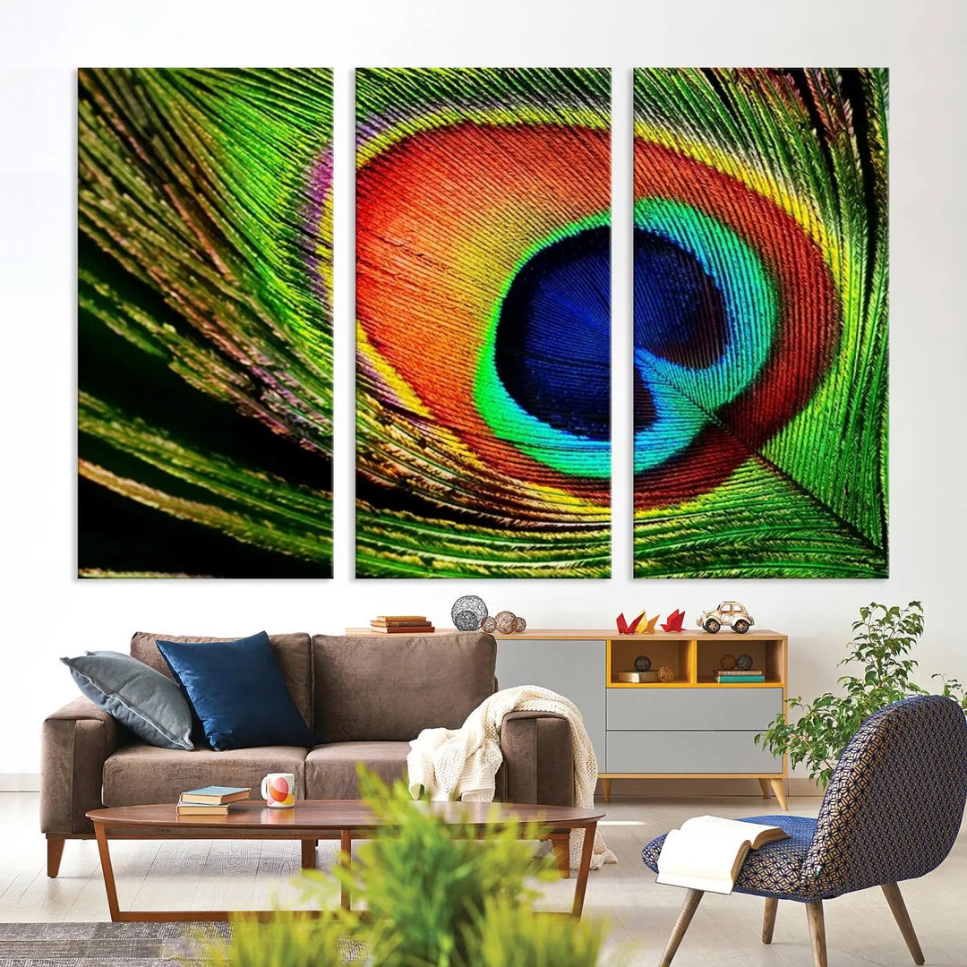 The living room features the "Colorful Peacock Feather Wall Art Print," showcasing a vibrant green, blue, and orange design elegantly displayed above a modern sofa.