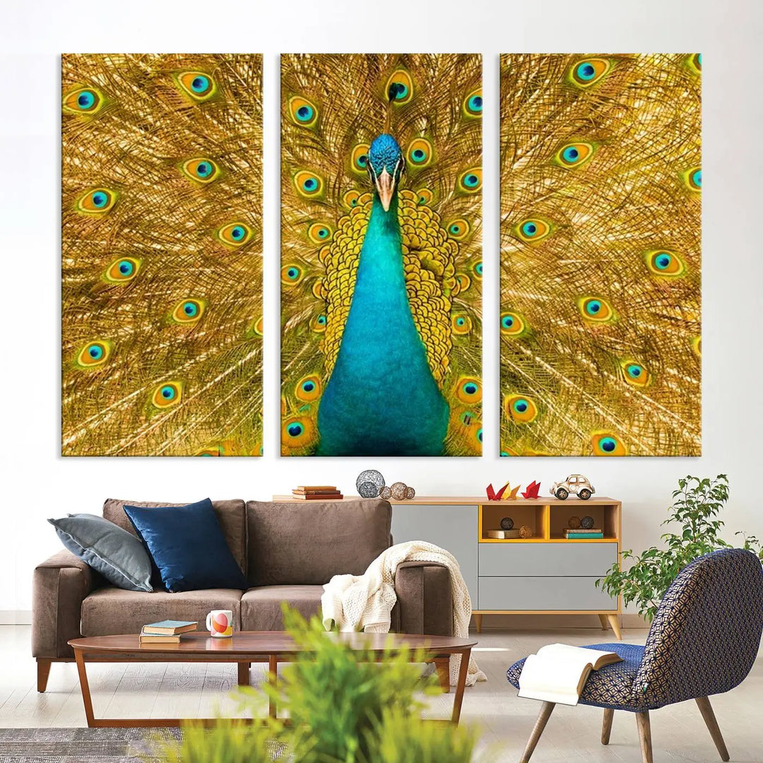 The Peacock Wall Art Canvas Print, featuring a vibrant triptych design of a peacock with intricate feather details and printed on museum-quality canvas with UV-protective coating, brings an artistic flair to the elegant space. Ready to hang, it enhances the modern living room with its striking presence.