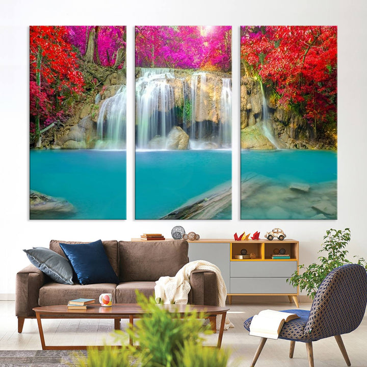 Wall Art Waterfall Landscape with Pink and Red Flowers in Forest Canvas Print