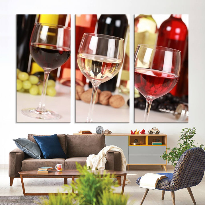 Wall Art Red, White and Rose Wine in Glass Canvas Print