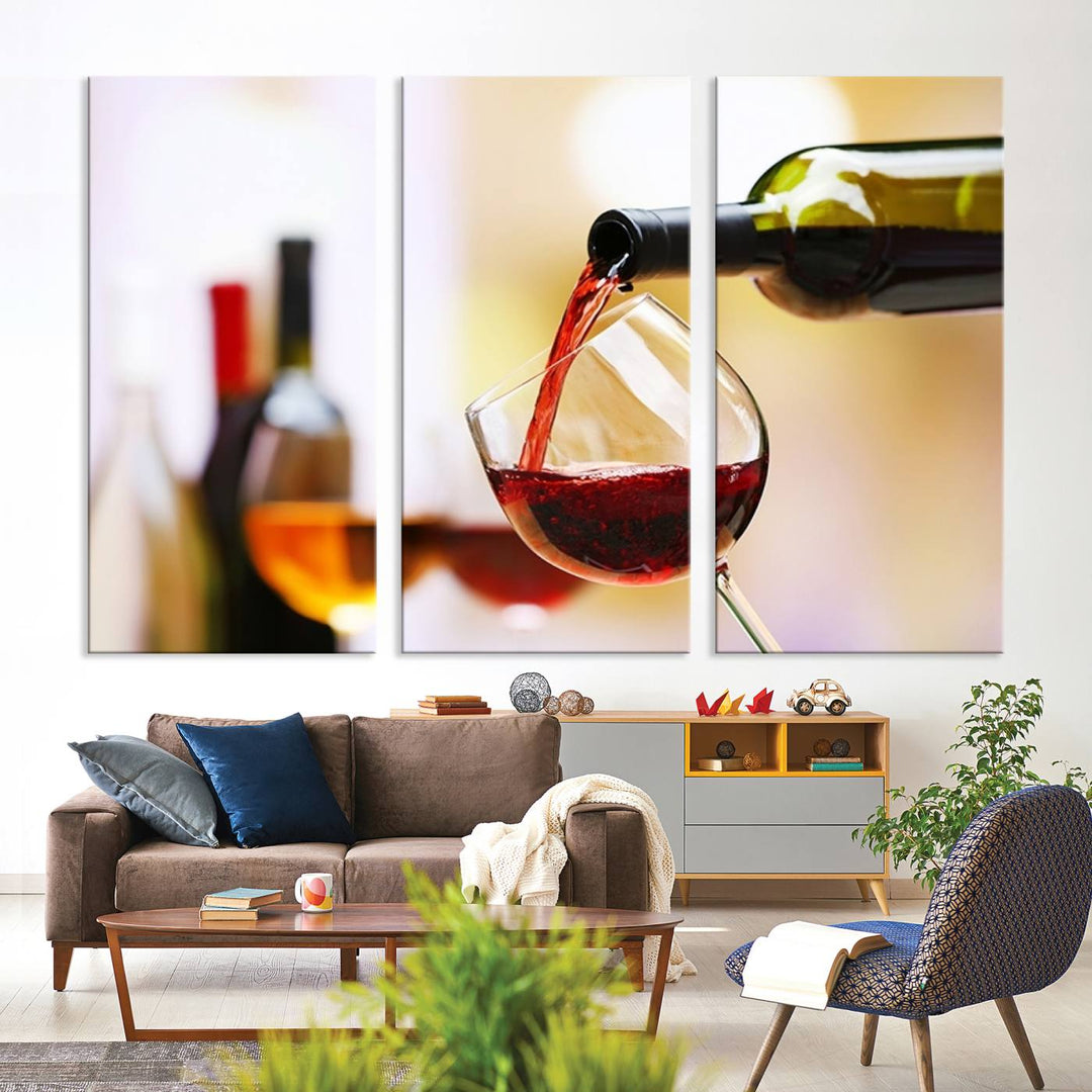 The Filling Red Wine into Glass Red Wine Canvas Print showcases a wine bottle pouring red wine into a glass. This scene, captured on museum-quality canvas, promises timeless elegance and comes with free shipping for effortless delivery to your doorstep.