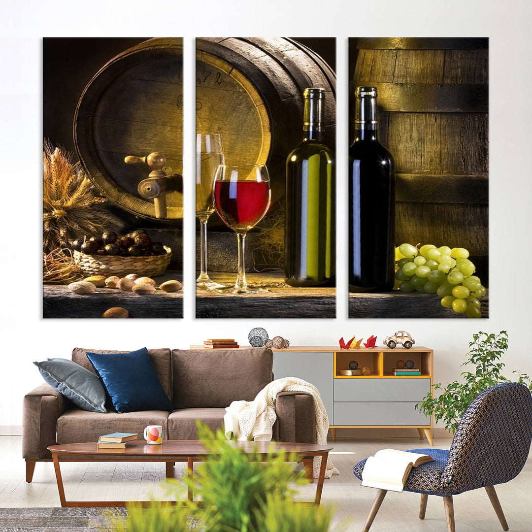 Explore the "Wall Art Red and White Wine with Bottles and Tun Canvas Print," a triptych on gallery-wrapped, museum-quality canvas. Featuring a wine barrel, bottles, and a glass of red wine, it includes a UV-protective coating for lasting vibrancy.