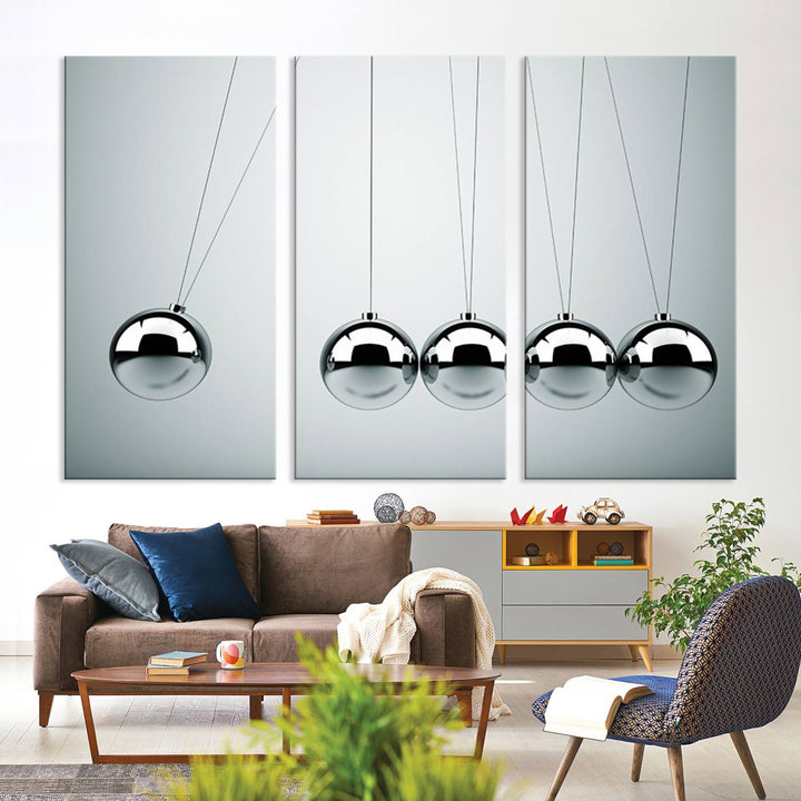 Newton's Cradle Motion Art, Modern Minimalist Metal Sphere Wall Art, Physics-Inspired Kinetic Energy Canvas Print for Office and Home Decor