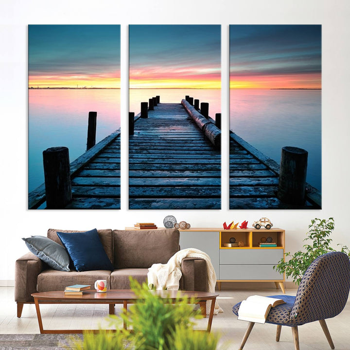 Wall Art Vintage Wooden Pier on Sea at Sunset Canvas Print