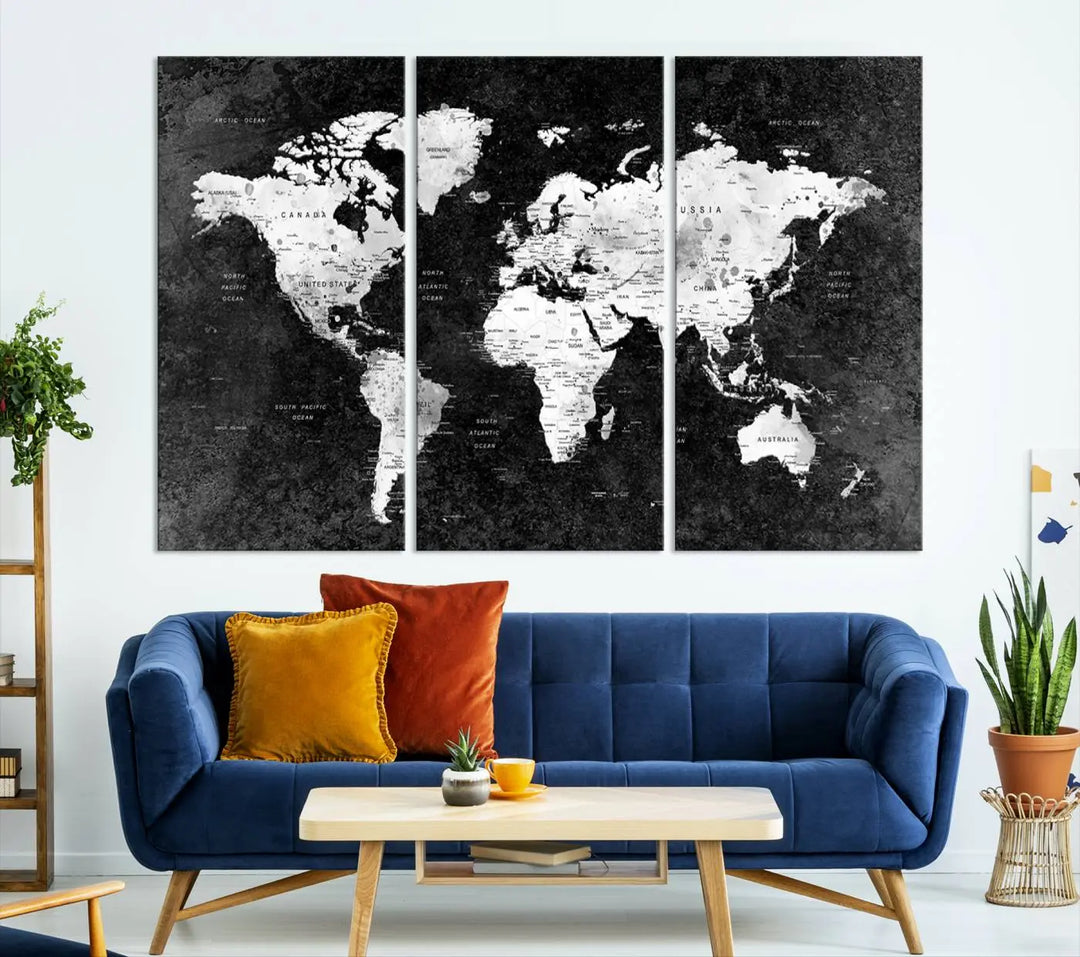 Modern Grayscale World Map 3-Panel Canvas Art | Ready to Hang, Framed | Stylish Minimalist Wall Décor for Home, Office, Living Room, or Study Spaces 