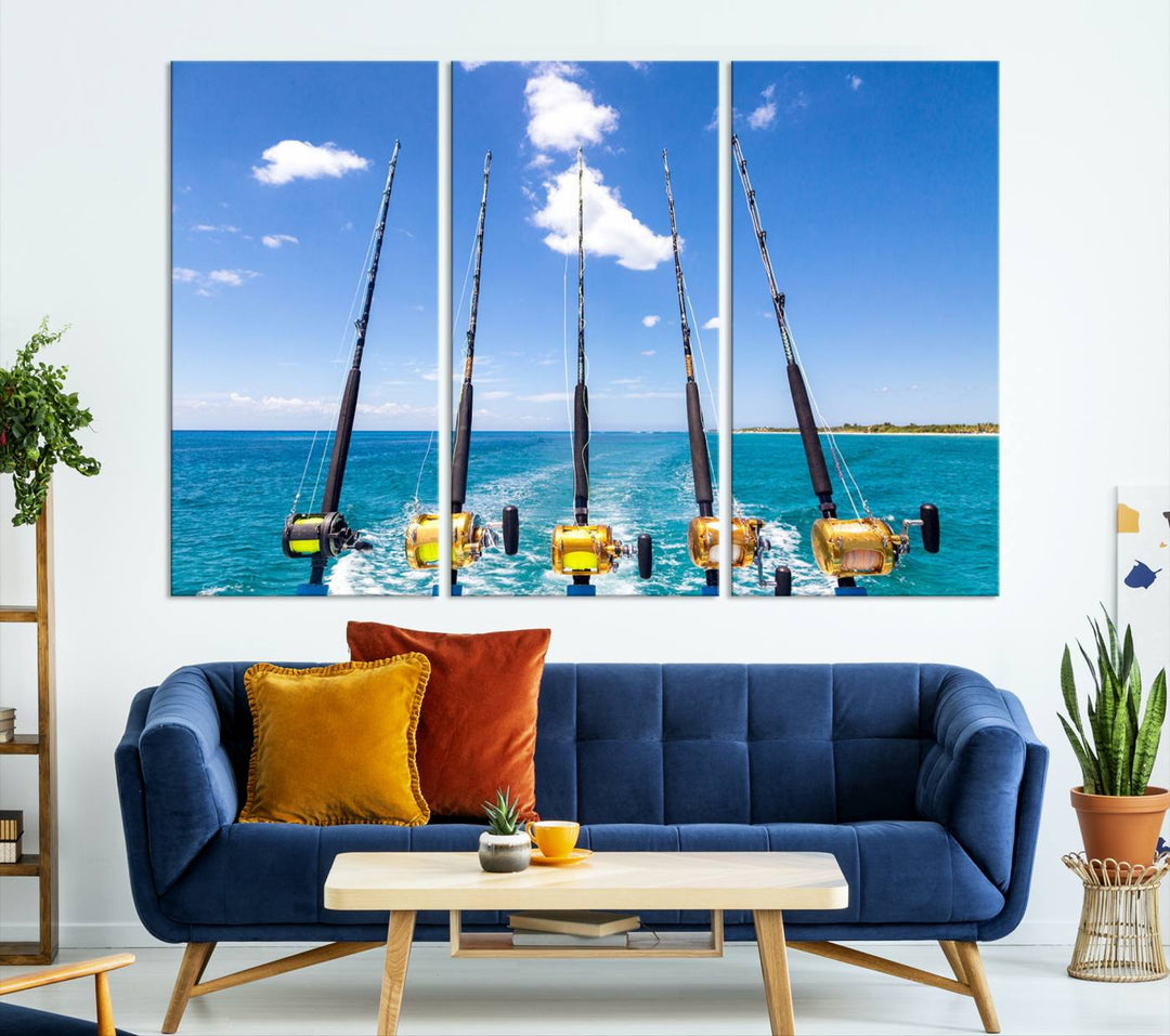 Fishing Roads on Boat Canvas Wall Art Print Ocean Seascape Art Print