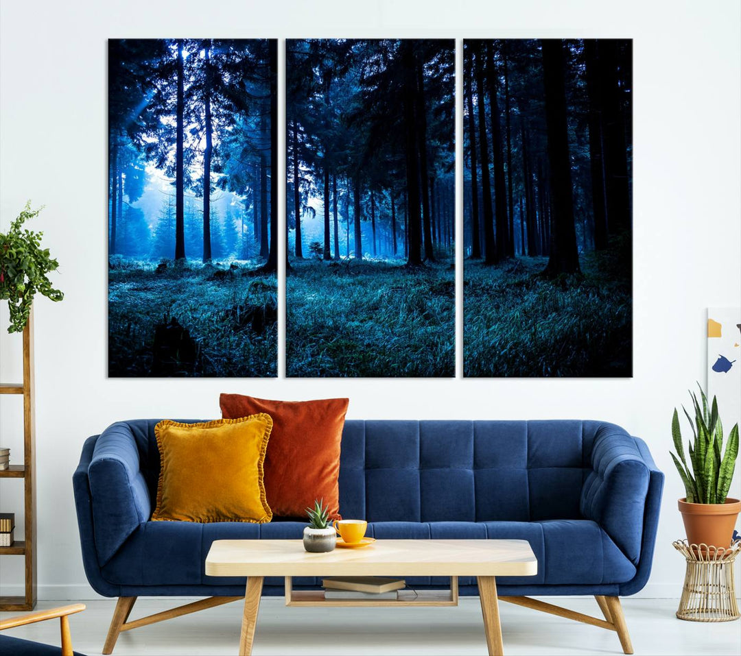 Arte de pared de bosque oscuro místico, lienzo de bosque grande, lienzo de paisaje, arte de pared de múltiples paneles, conjunto de lienzo grande de 3 piezas enmarcado