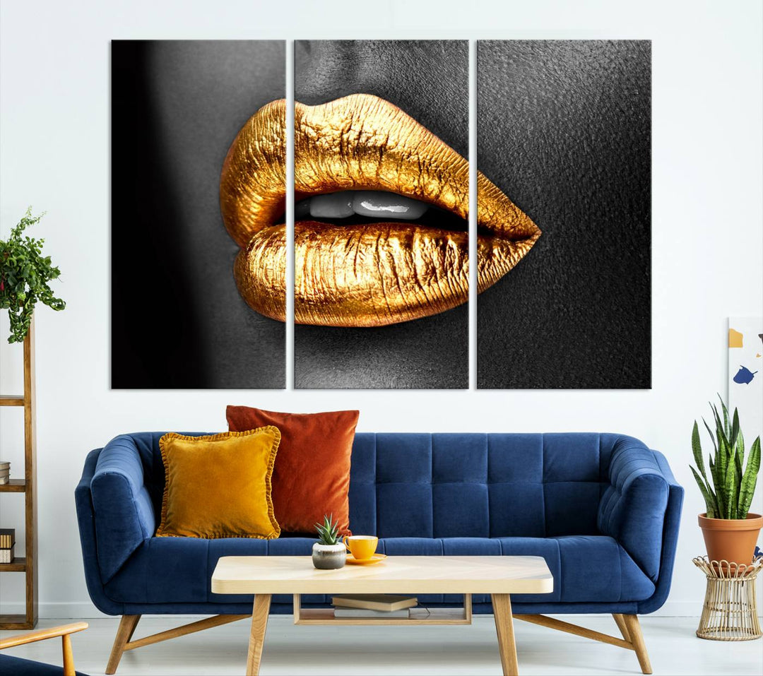 Gold Lips Canvas Wall Art Print Makeup Wall Art Fashion Beauty Canvas Print