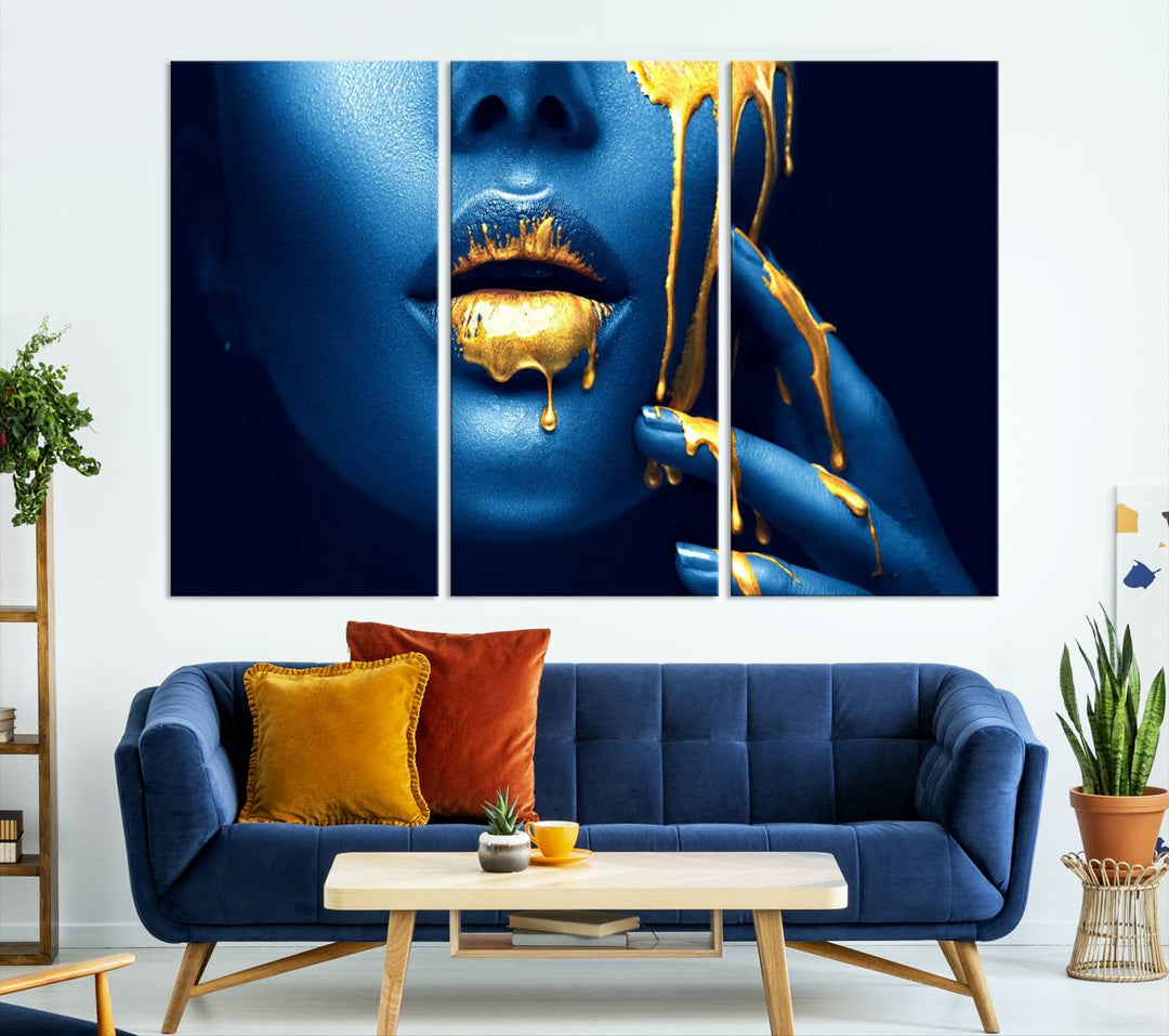 Neón Azul Oro Labios Sensual Fotografía Lienzo Pared Arte Impresión Moda Arte Belleza