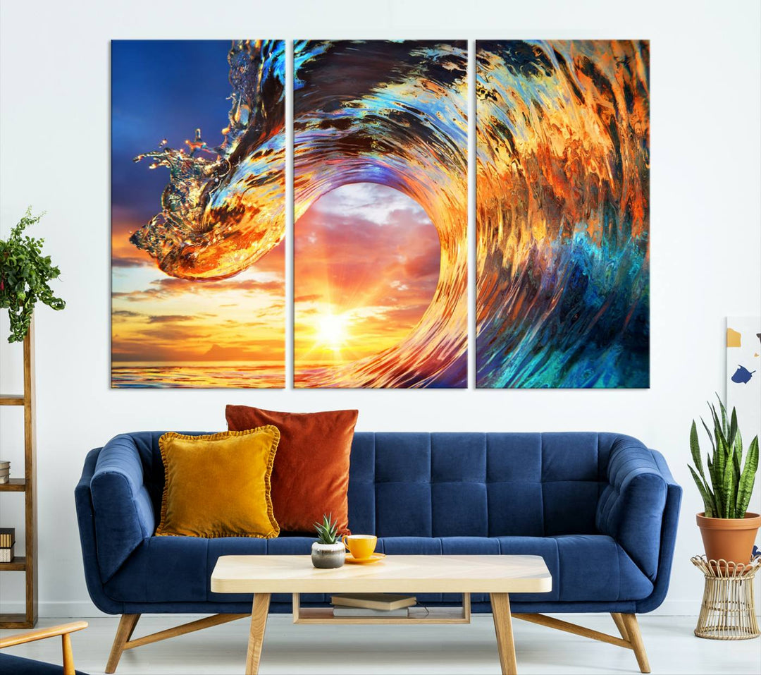 Wave Canvas Wall Art – Multi-Panel Sunset Ocean Scene – Bold and Vibrant Decor for Living Room or Office – Ready to Hang