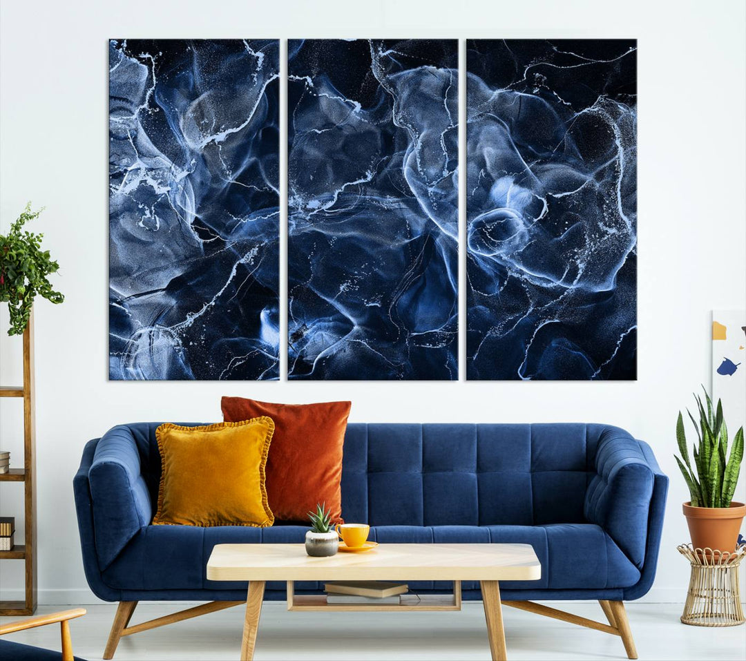 Arte de pared grande con efecto ahumado de mármol azul, lienzo abstracto moderno, impresión artística de pared