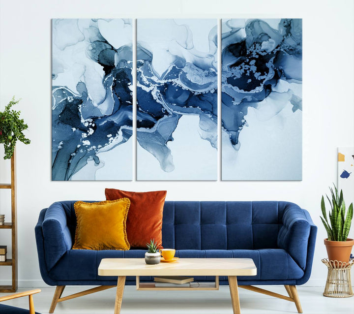 Arte de pared grande con efecto fluido de mármol azul hielo, lienzo abstracto moderno, impresión artística de pared