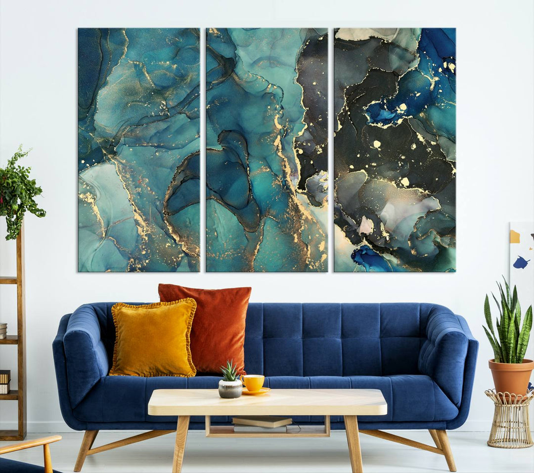 Arte de pared grande con efecto fluido de mármol verde y dorado, lienzo abstracto moderno, impresión artística de pared