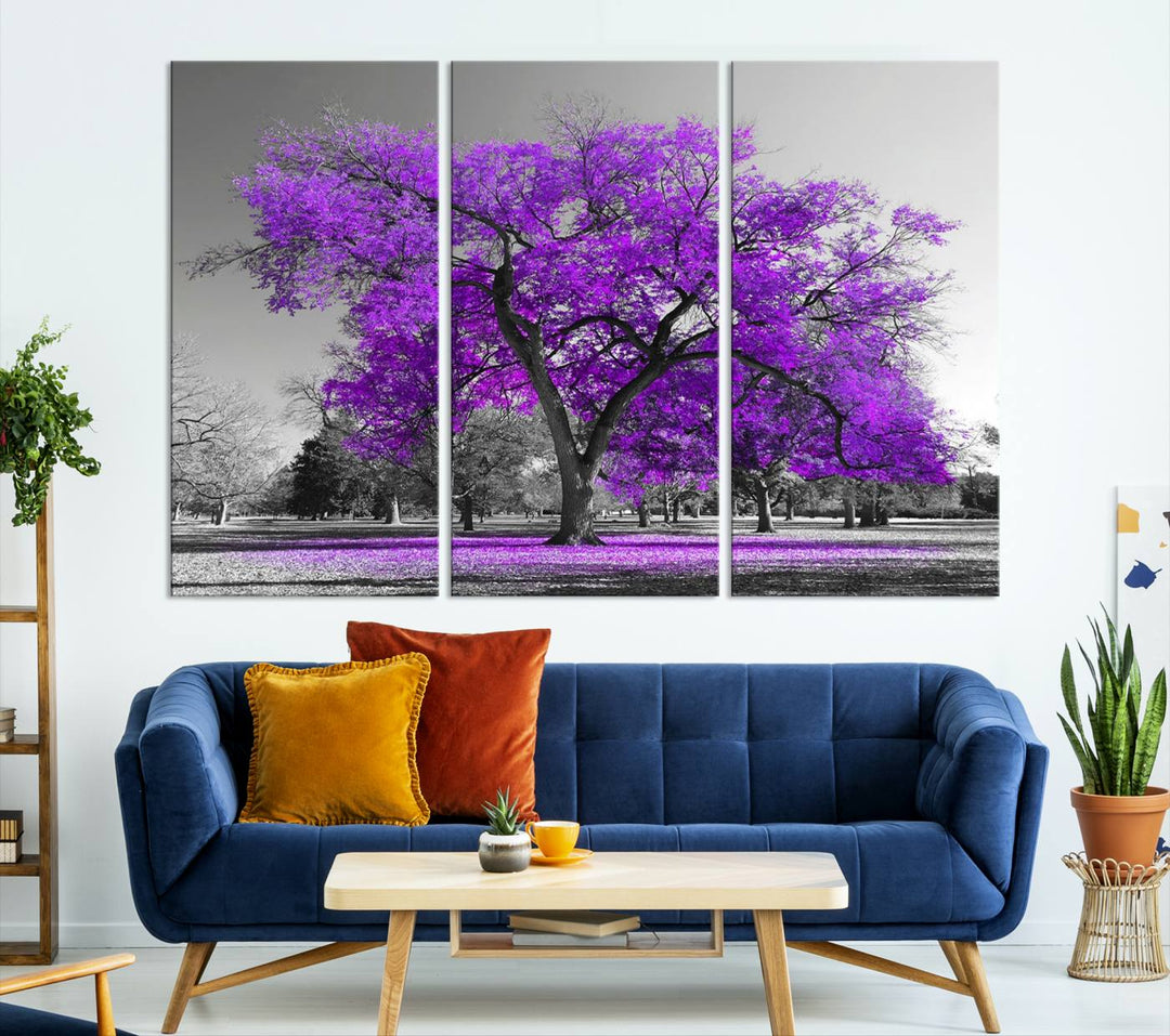 Gran árbol púrpura lienzo pared arte impresión negro blanco púrpura arte pintura lienzo grande