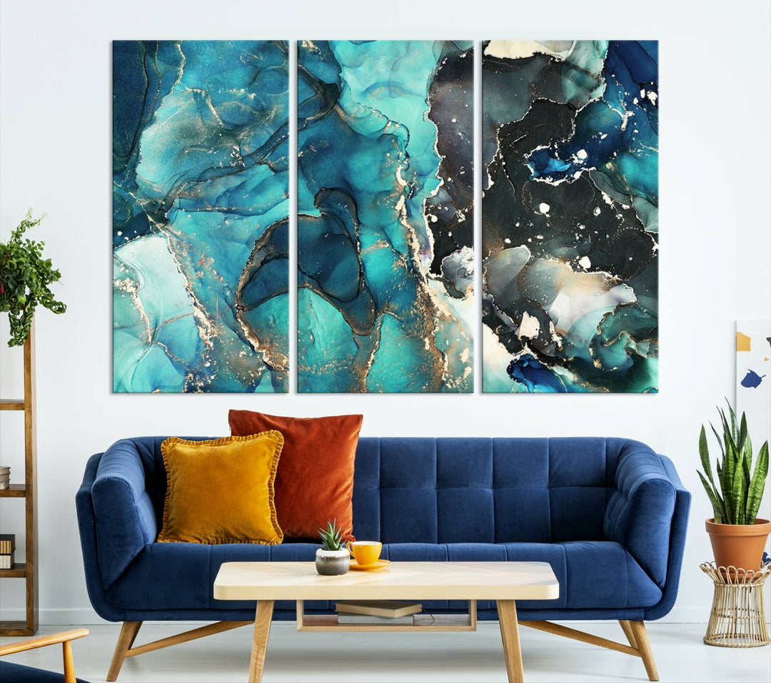 Stylish Teal Color Gold Abstract Canvas Wall Art Print