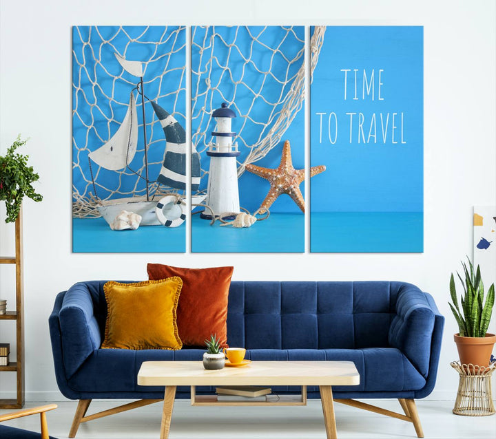 Sailing Boat Starfish and Lighthouse Wall Art Canvas Print