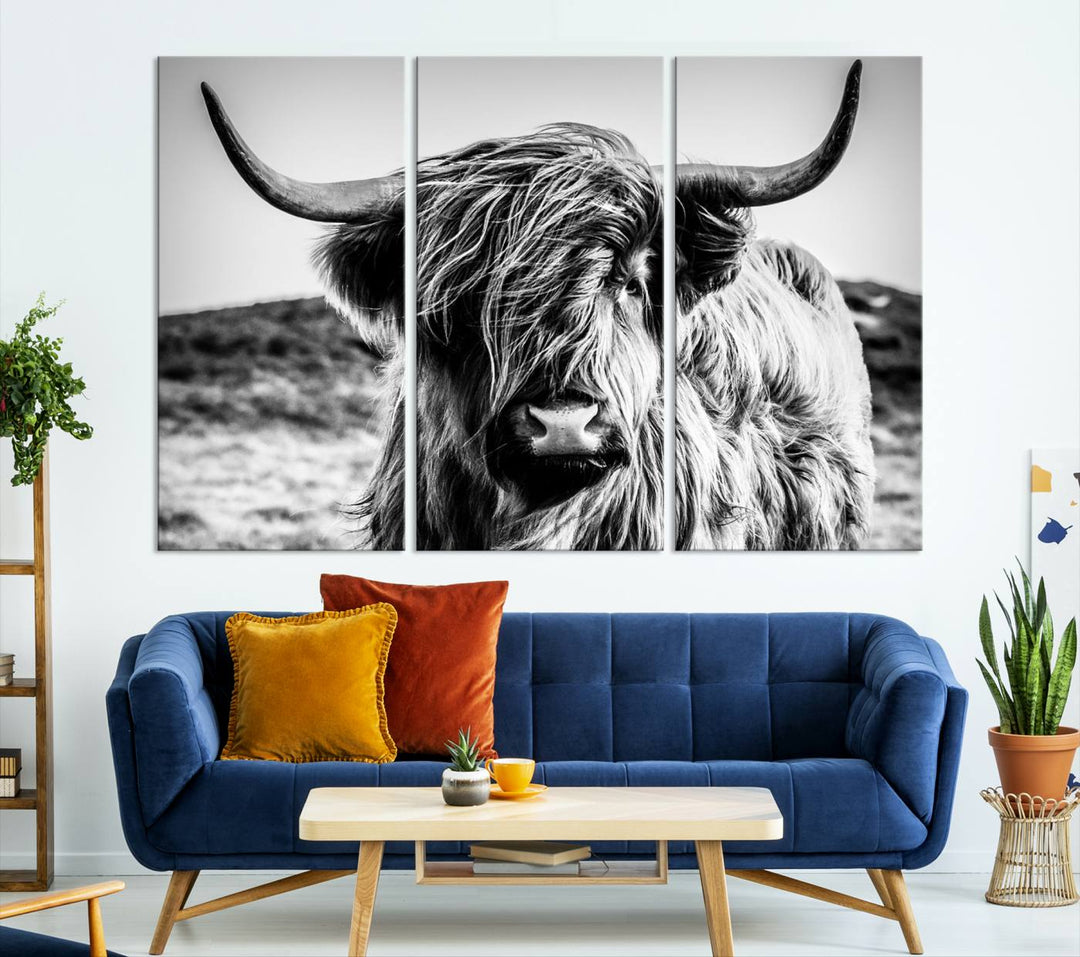 Highland Cow Wall Art | 3-Panel Black and White Highland Cow Canvas Print for Western Farmhouse Decor | Large Framed Giclee Canvas for Living Room