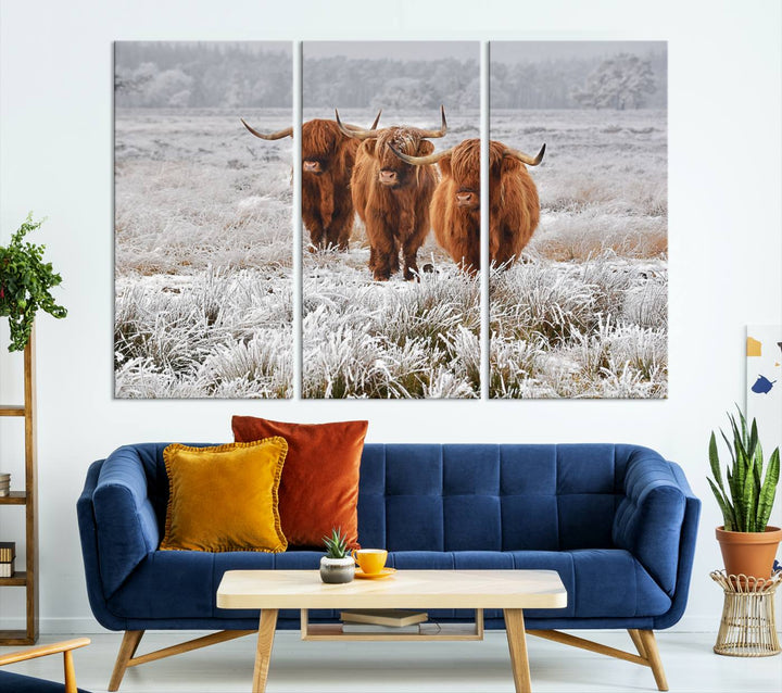 Vaches des Highlands dans la neige Art sur toile Highland Cattle Picture Art Farmhouse Art