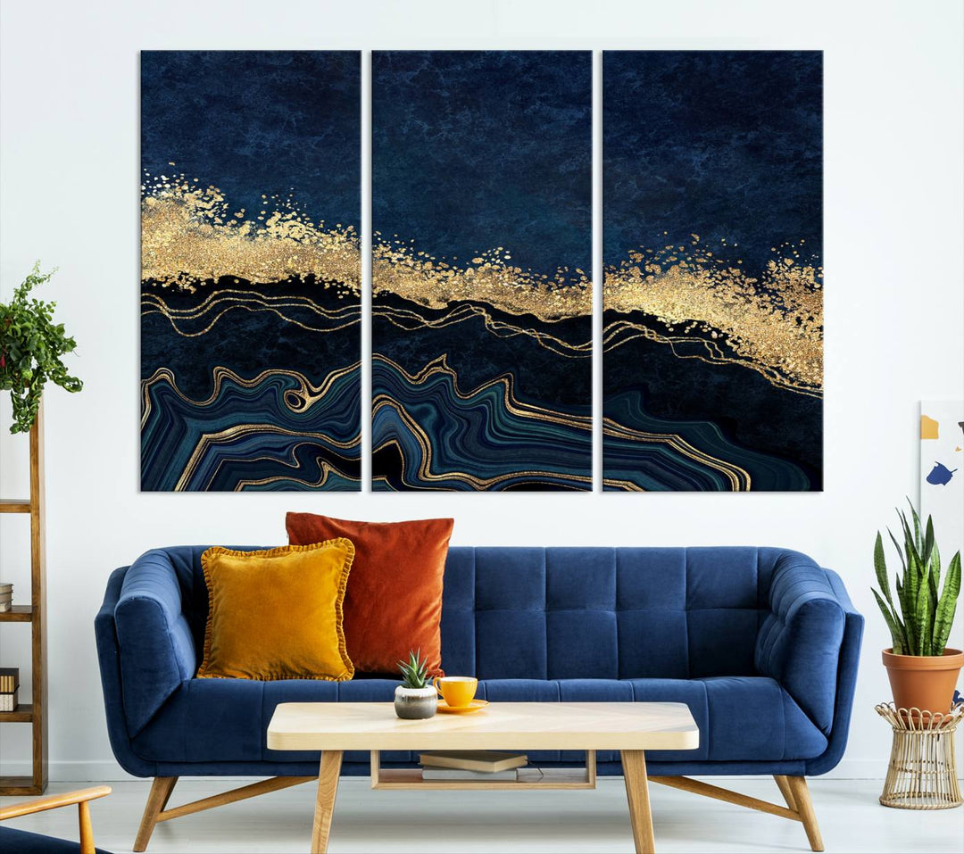 Navy Blue Marble Fluid Effect Large Wall Art Modern Abstract Canvas Wall Art Print