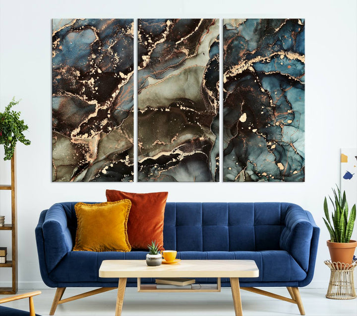 Black and Blue Marble Fluid Effect Wall Art Abstract Canvas Wall Art Print