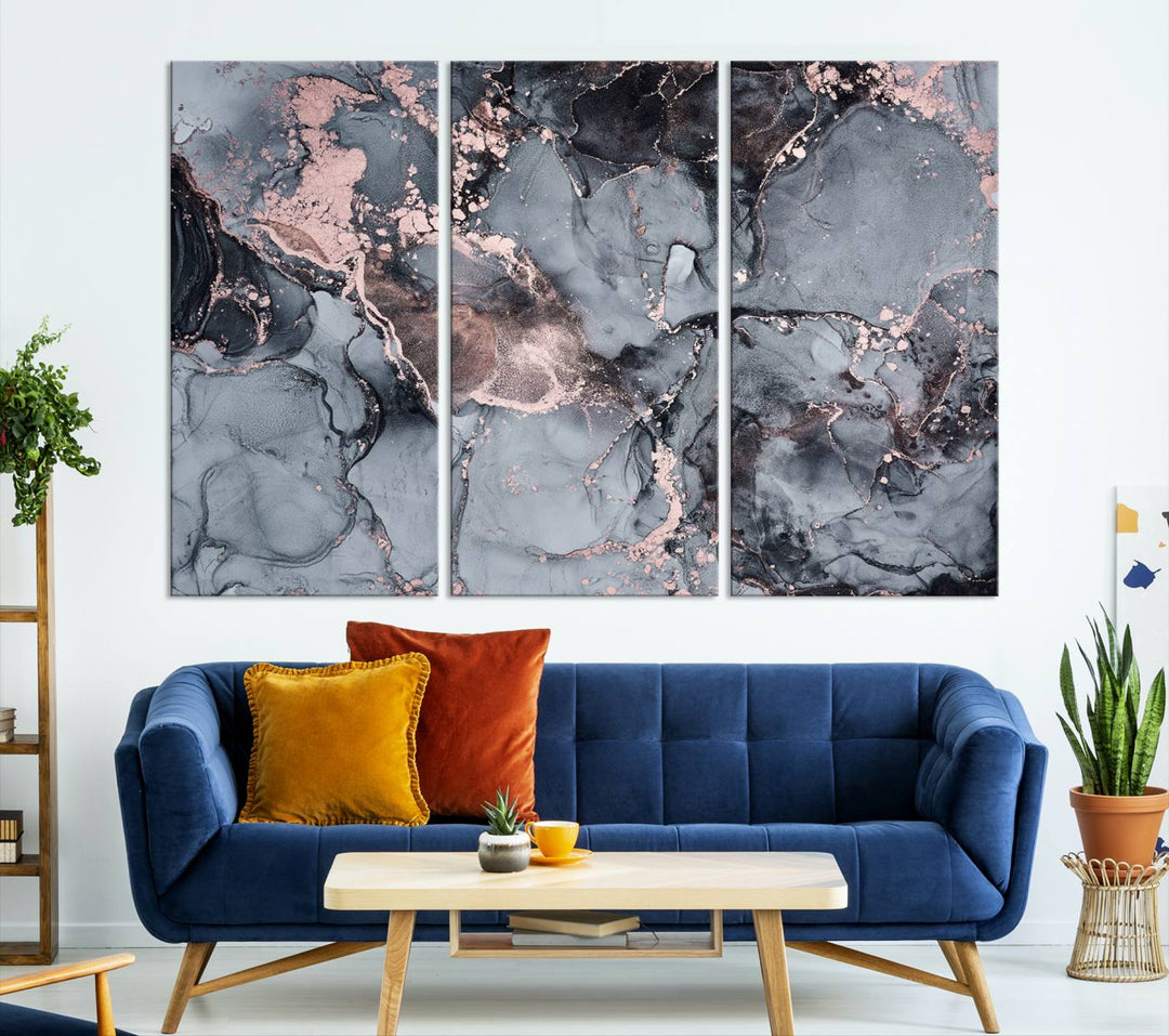 Impresión de arte de pared grande con efecto fluido de mármol gris y oro rosa, lienzo abstracto moderno