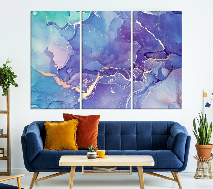 Arte de pared grande con efecto fluido de mármol azul y morado, lienzo abstracto moderno, impresión artística de pared