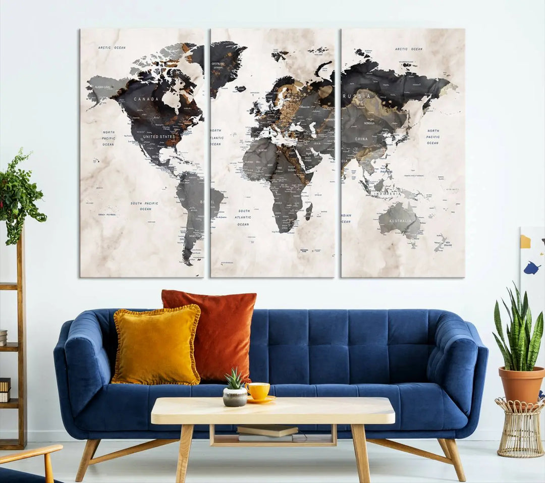 The dining room wall is adorned with the World Map Canvas Print – Earthy Triptych Wall Art, a vintage global map decor featuring dark continents.