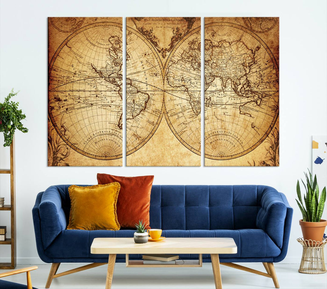 Vintage World Map Wall Art | 3-Panel Canvas Print for Living Room, Office, or Study | Giclee Canvas with Antique Design