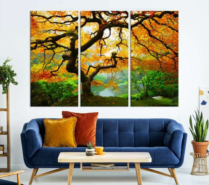 Portland Japanese Maple Tree Canvas Wall Art – Nature Landscape Print – Framed and Ready to Hang for Living Room or Office Decor