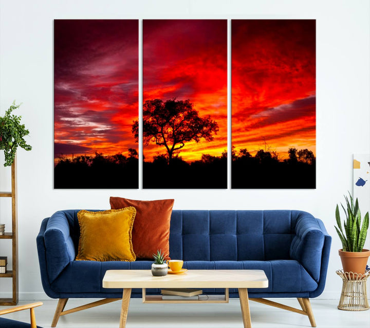 Red Sunset Landscape Artwork Printing, Forest Tree Wall Art Canvas Print