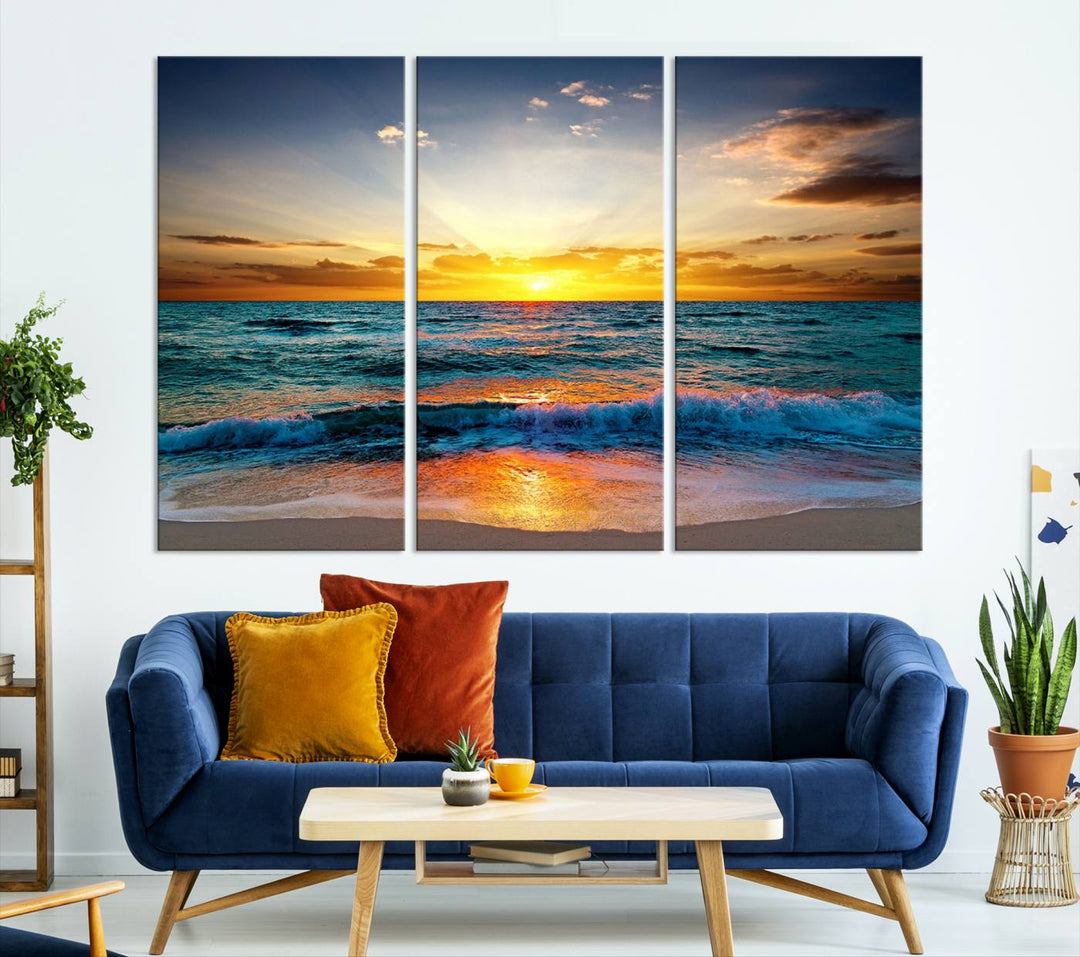 Vibrant Ocean Sunrise Over Golden Beach Waves, Giclee Canvas Wall Art Set, High-Quality Stretched Canvas Print, Ready to Hang Coastal Sunset Wall