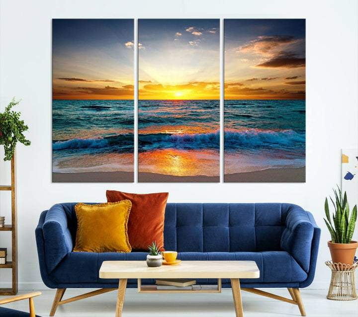 Vibrant Ocean Sunrise Over Golden Beach Waves, Giclee Canvas Wall Art Set, High-Quality Stretched Canvas Print, Ready to Hang Coastal Sunset Wall