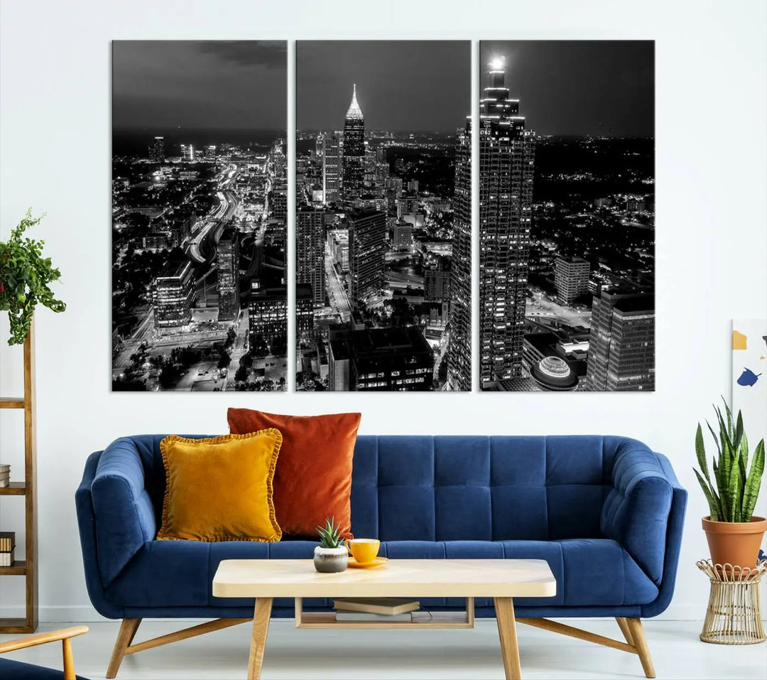 The Atlanta City Lights Skyline Black and White Wall Art Cityscape Canvas Print is elegantly displayed on the wall. These museum-quality canvases arrive ready to hang, making your art display both effortless and sophisticated.