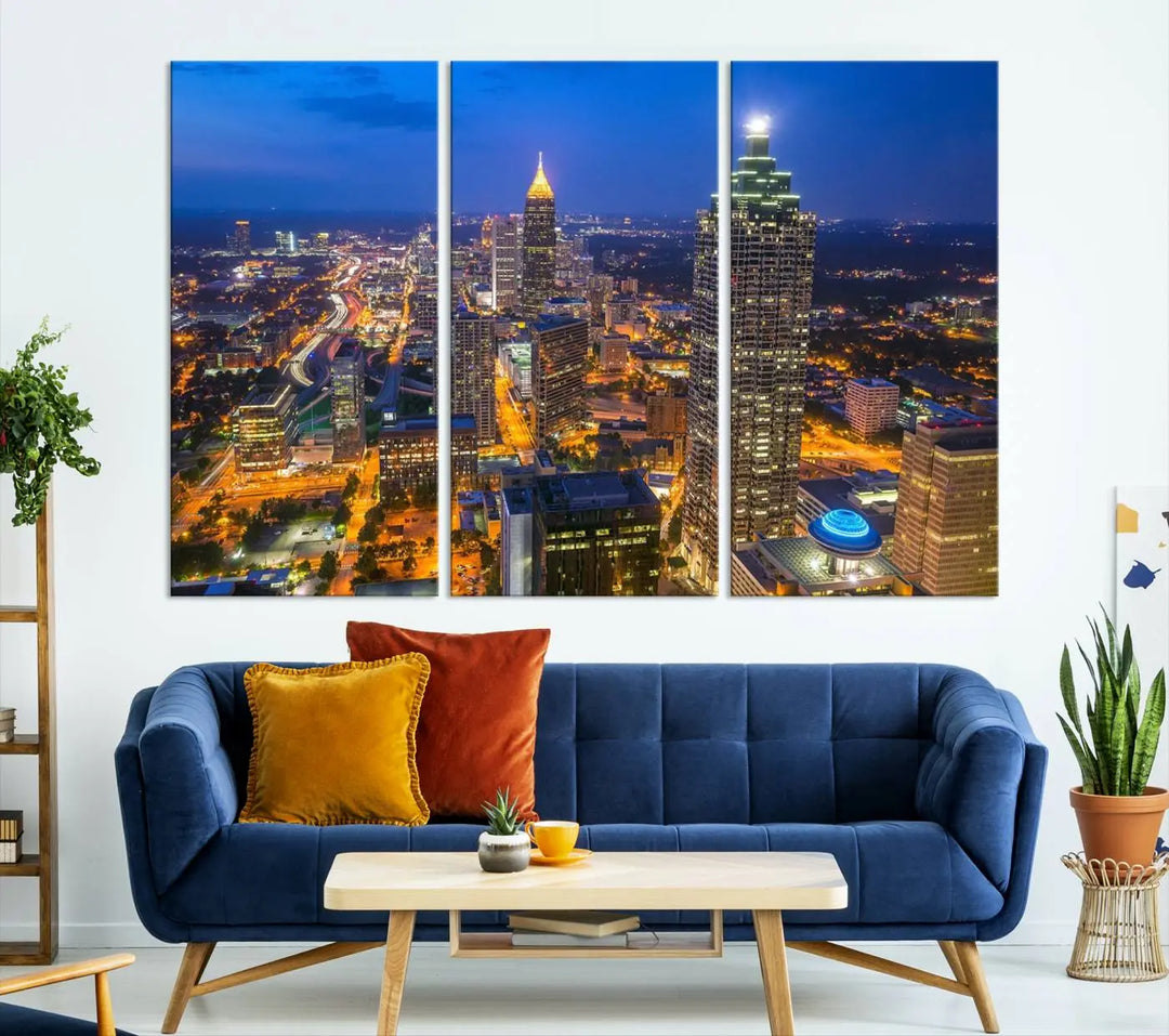 An elegant Atlanta City Blue Skyline Cityscape View Wall Art Canvas Print graces the wall, offering a sophisticated addition to your living space. Enjoy free shipping on this stylish piece.