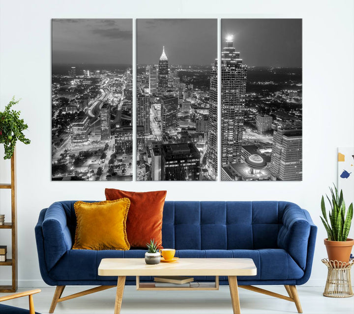 Atlanta City Skyline Art mural noir et blanc Paysage urbain Impression sur toile