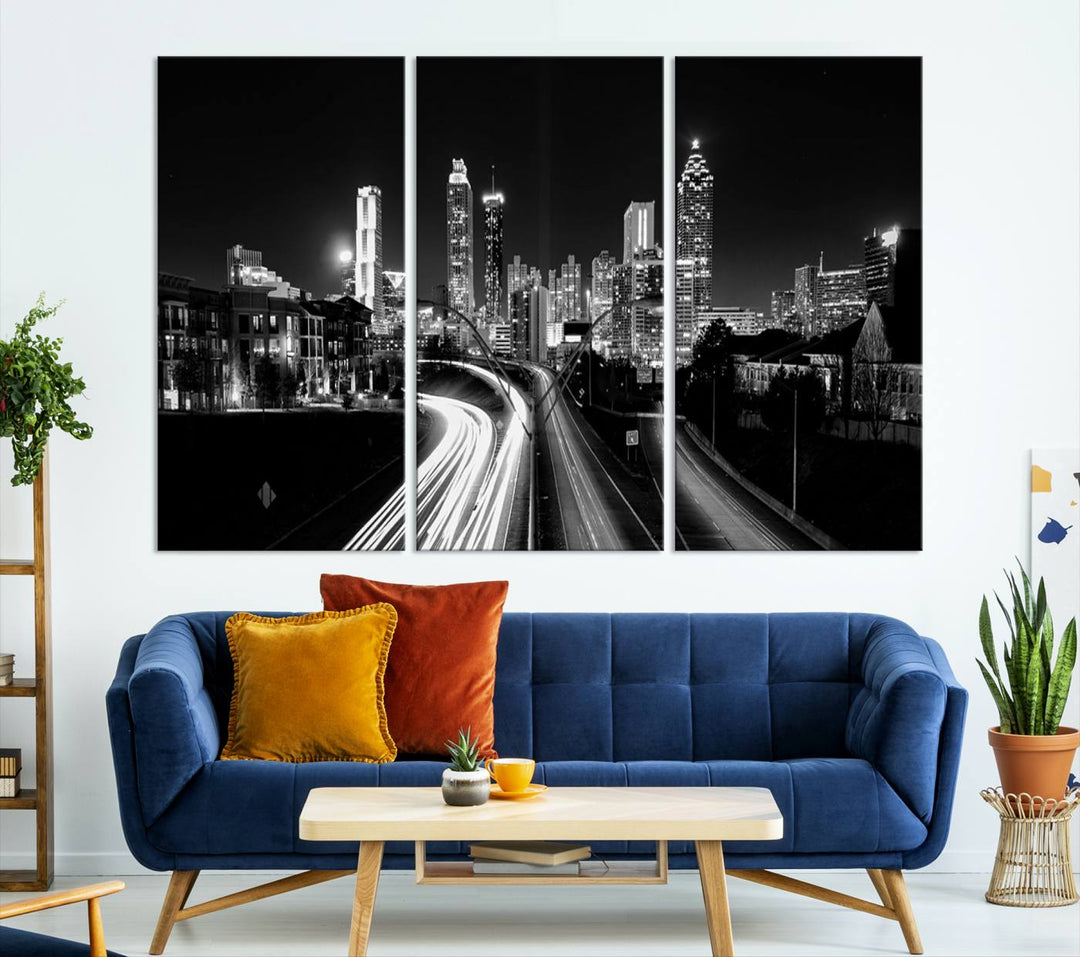 Atlanta City Lights Skyline Art mural noir et blanc Paysage urbain Impression sur toile