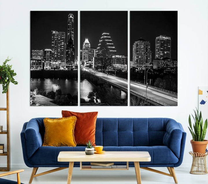 Austin City Lights Skyline Black and White Wall Art Canvas Print