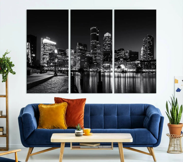 The living room showcases the Boston City Lights Skyline Black and White Wall Art Canvas Print.